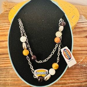 New In Finch Seed Tin Box, FOSSIL Stainless Steel and Glass Bead NECKLACE